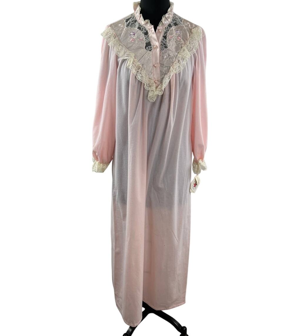 NEW Vintage Ilise Stevens Pink Ivory Floral Lace Long Sleeve Maxi Sleep Gown L